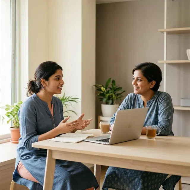 Illustration of an Indian professional in a friendly support conversation