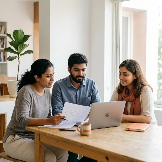 Illustration of a small, welcoming team of Indian technology professionals collaborating