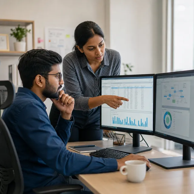 Illustrative scene of two Data Engineering professionals working together